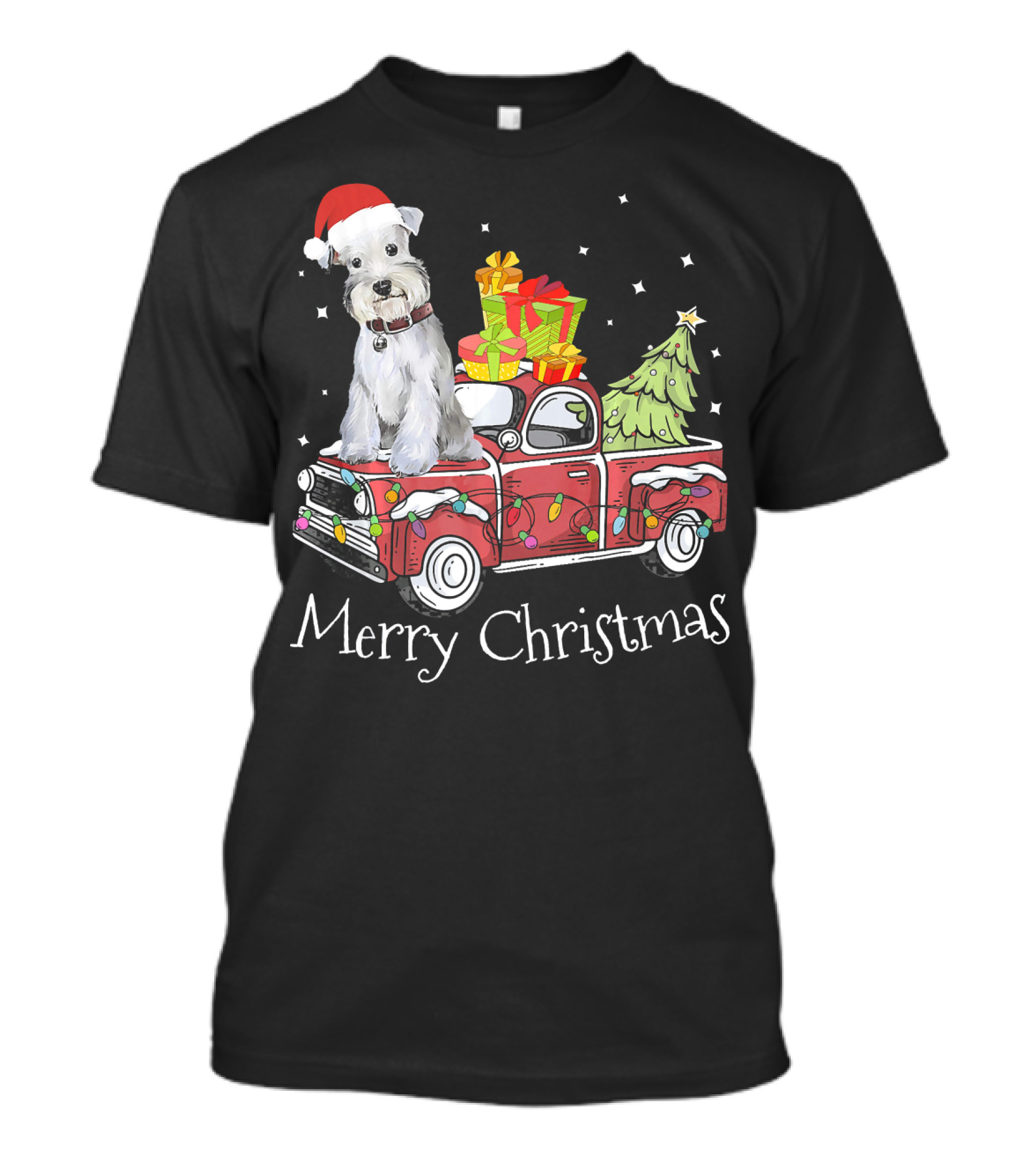Merry Christmas Cute Schnauzer Dog Red Pickup Truck With Santa Hat And Gifts T-Shirt