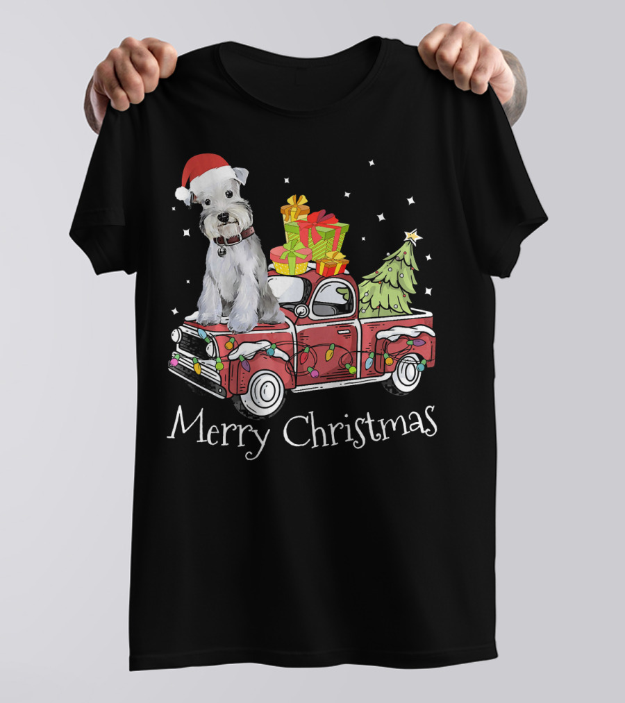 Merry Christmas Cute Schnauzer Dog Red Pickup Truck With Santa Hat And Gifts T-Shirt