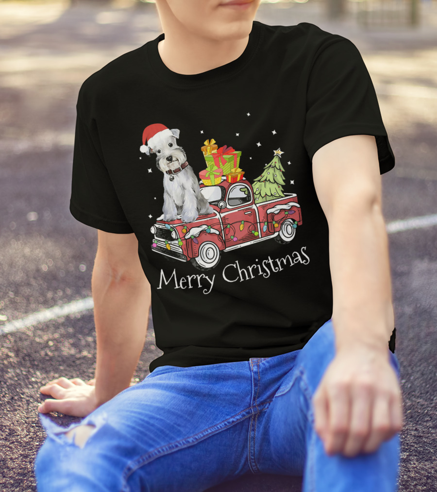 Merry Christmas Cute Schnauzer Dog Red Pickup Truck With Santa Hat And Gifts T-Shirt