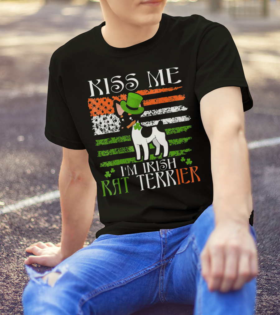 Kiss Me I'm Irish Rat Terrier St. Patrick's Day Irish Flag Hat And Clover T-Shirt