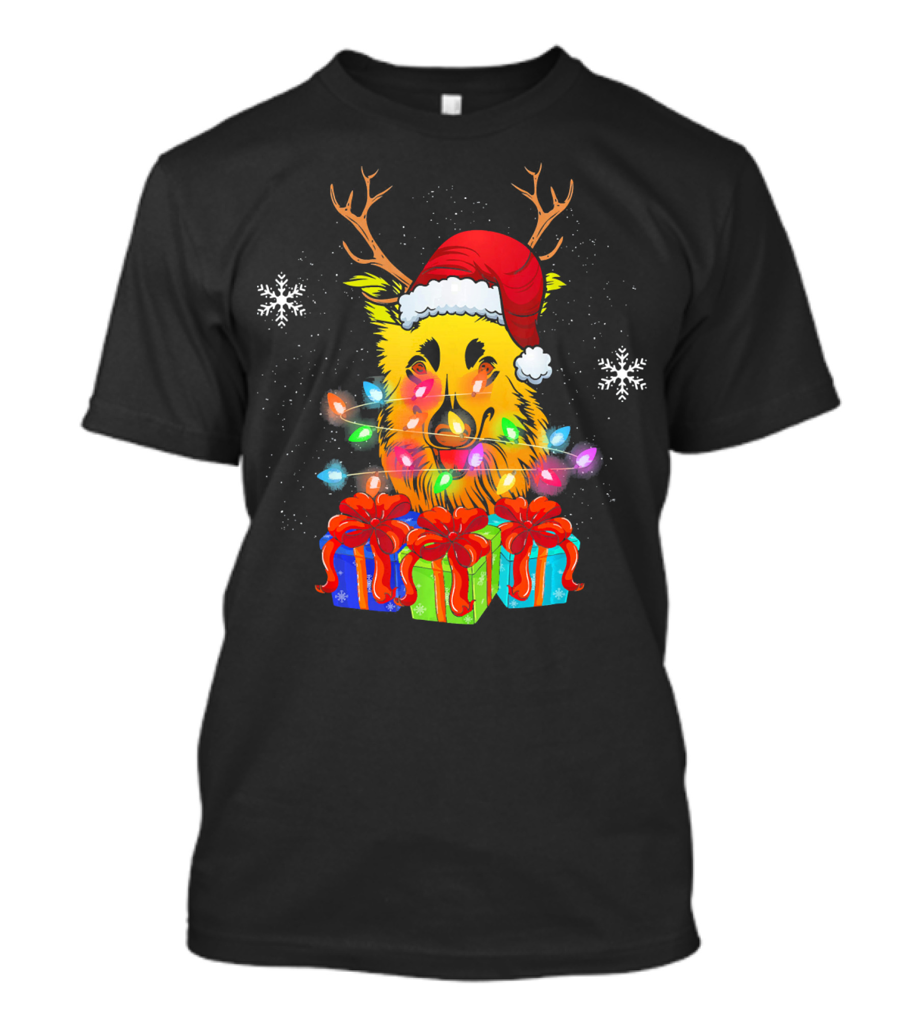 Funny Sheltie Dog Christmas With Antlers And Santa Hat Surrounded By Presents And Lights T-Shirt