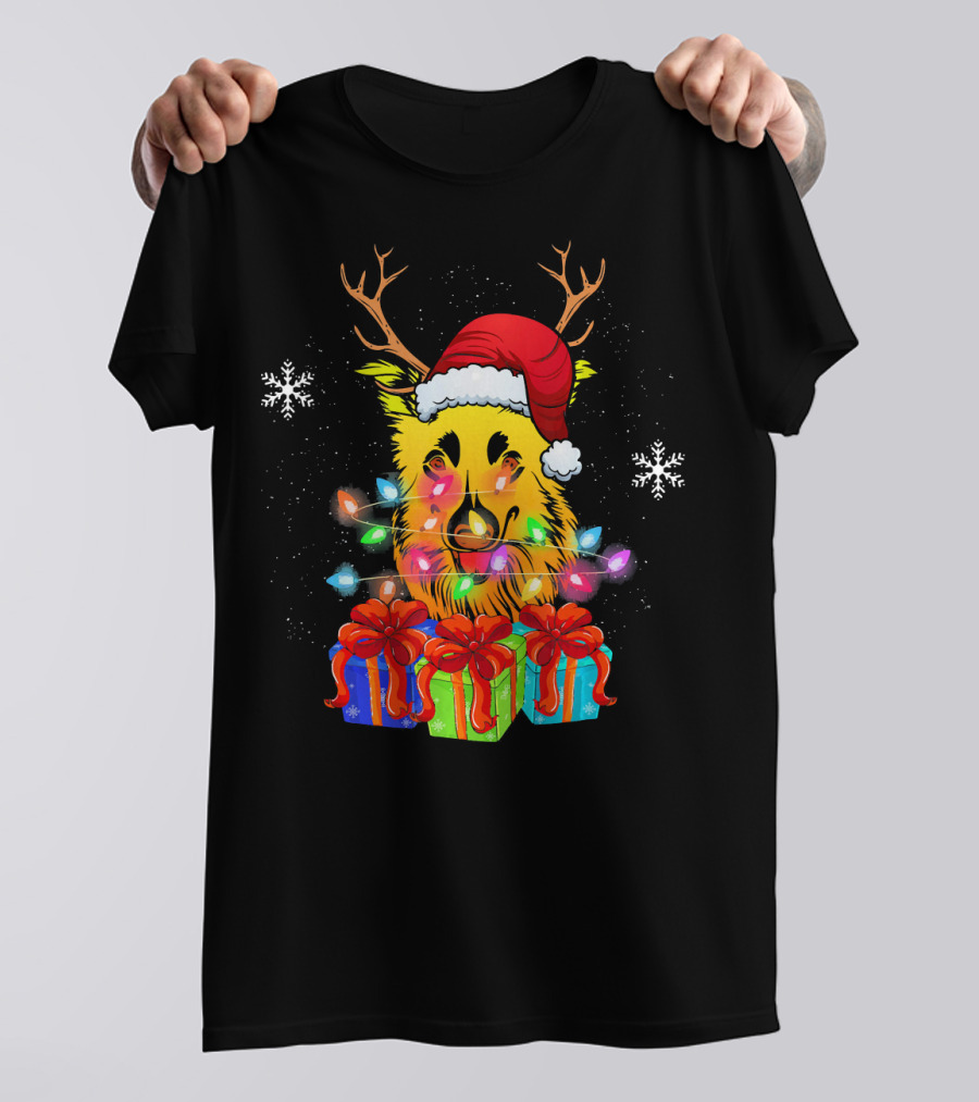 Funny Sheltie Dog Christmas With Antlers And Santa Hat Surrounded By Presents And Lights T-Shirt
