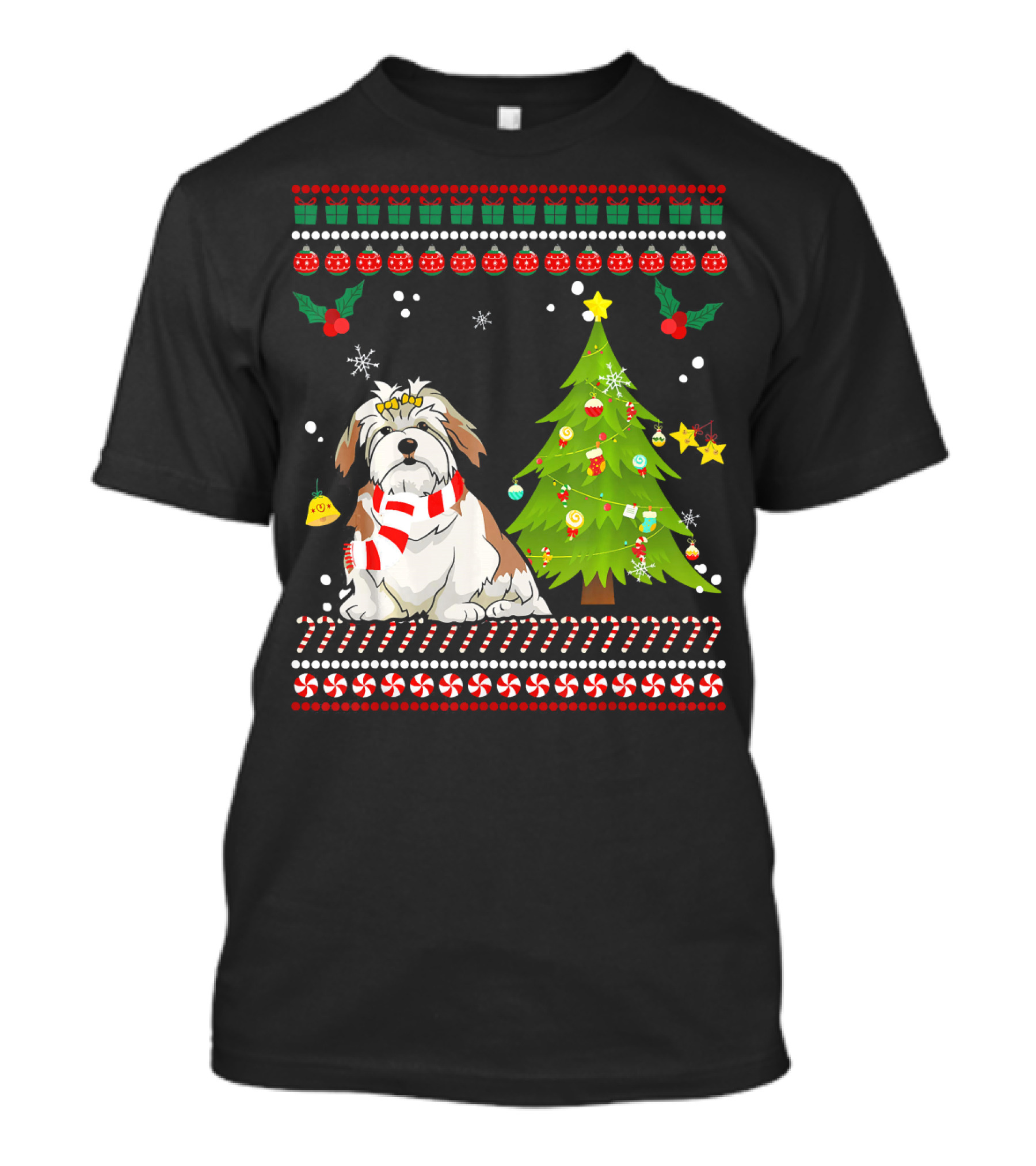 Lhasa Apso Christmas Dog With Pine Tree And Festive Ornaments T-Shirt
