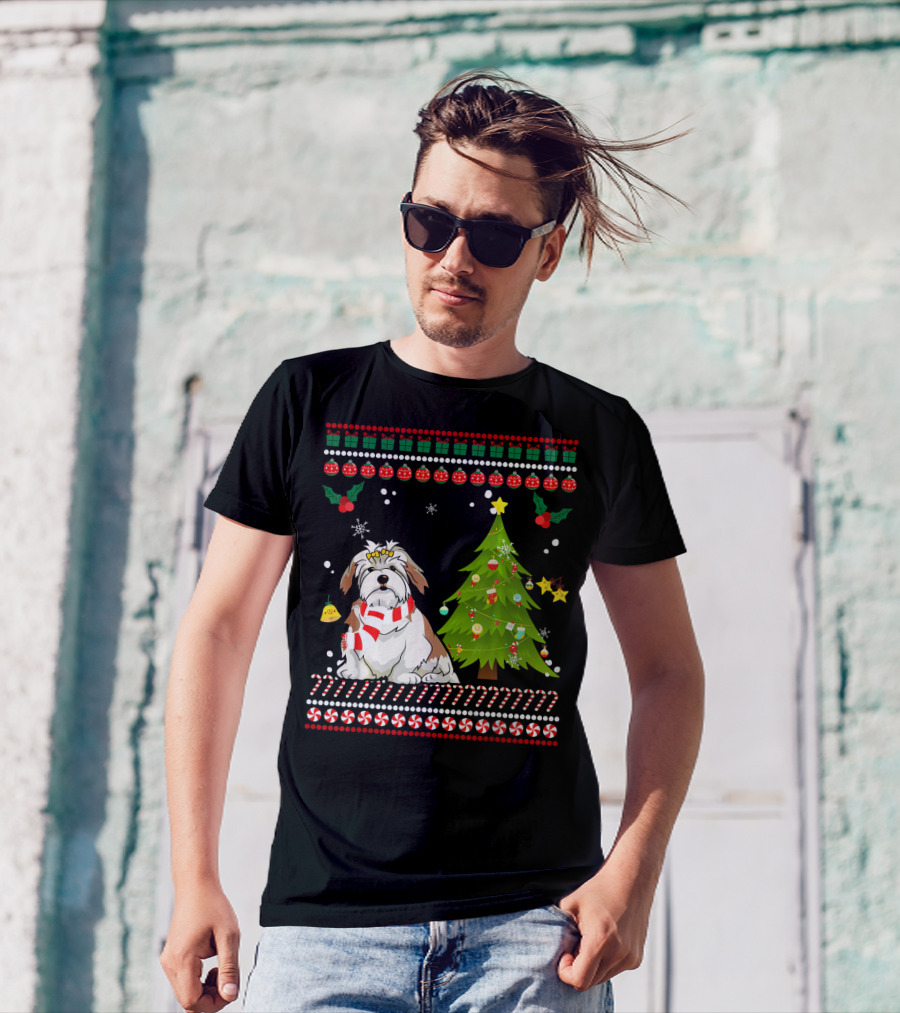 Lhasa Apso Christmas Dog With Pine Tree And Festive Ornaments T-Shirt