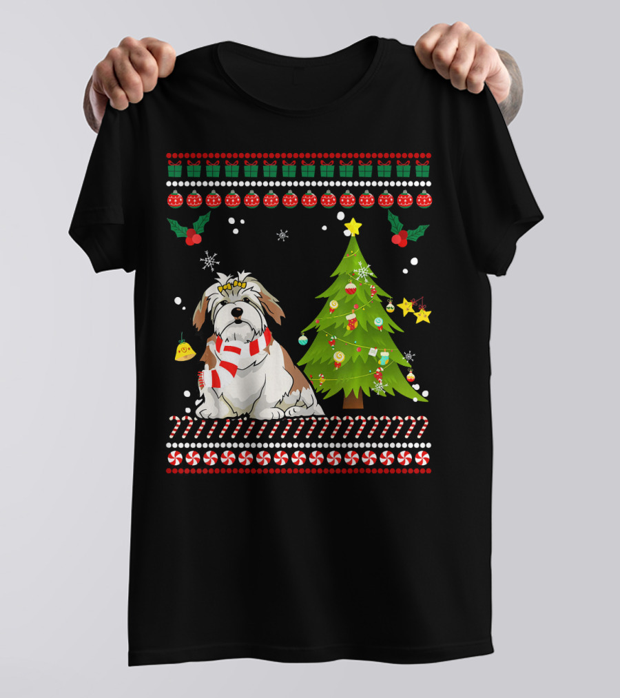 Lhasa Apso Christmas Dog With Pine Tree And Festive Ornaments T-Shirt
