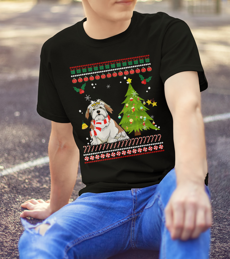 Lhasa Apso Christmas Dog With Pine Tree And Festive Ornaments T-Shirt