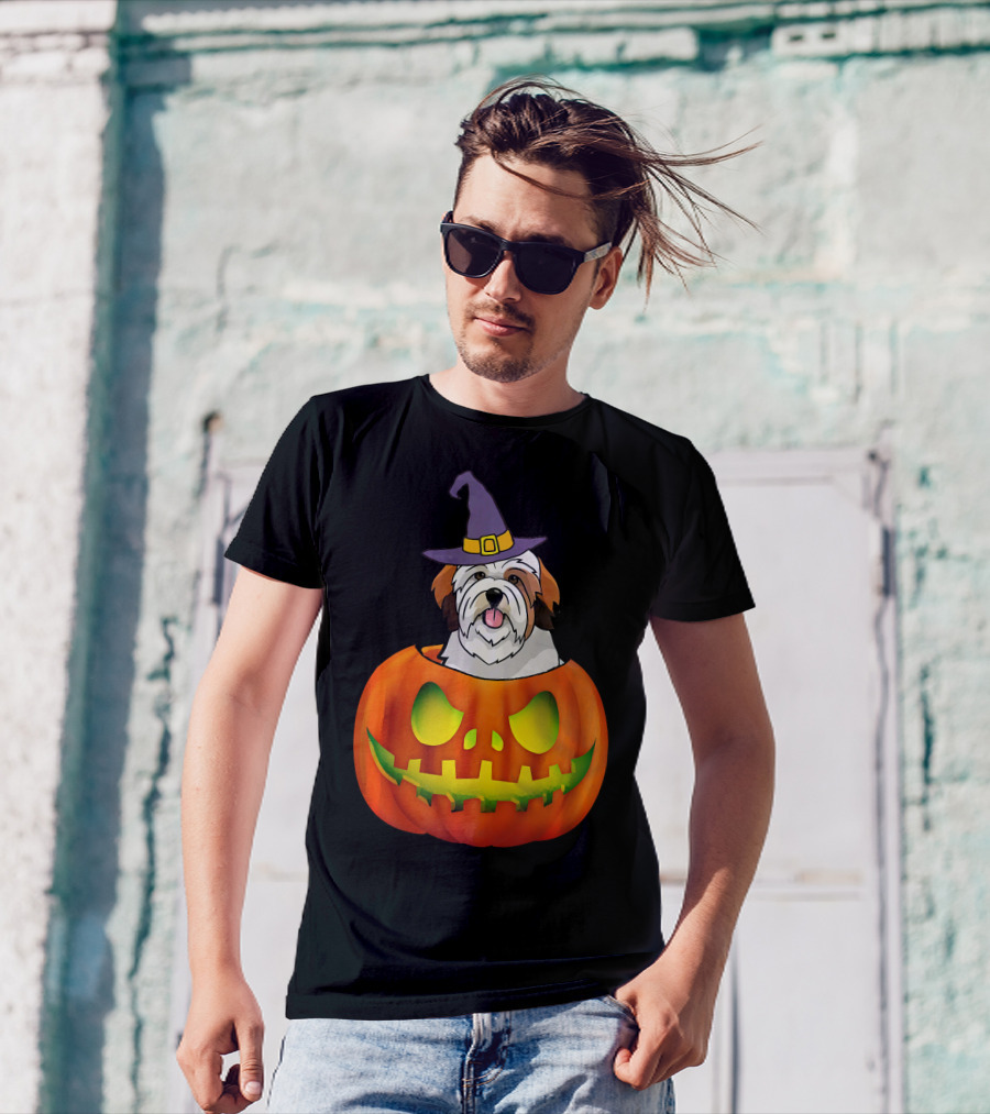 Lhasa Apso Halloween Costume Funny Pumpkin Dog In Witch Hat Scary T-Shirt