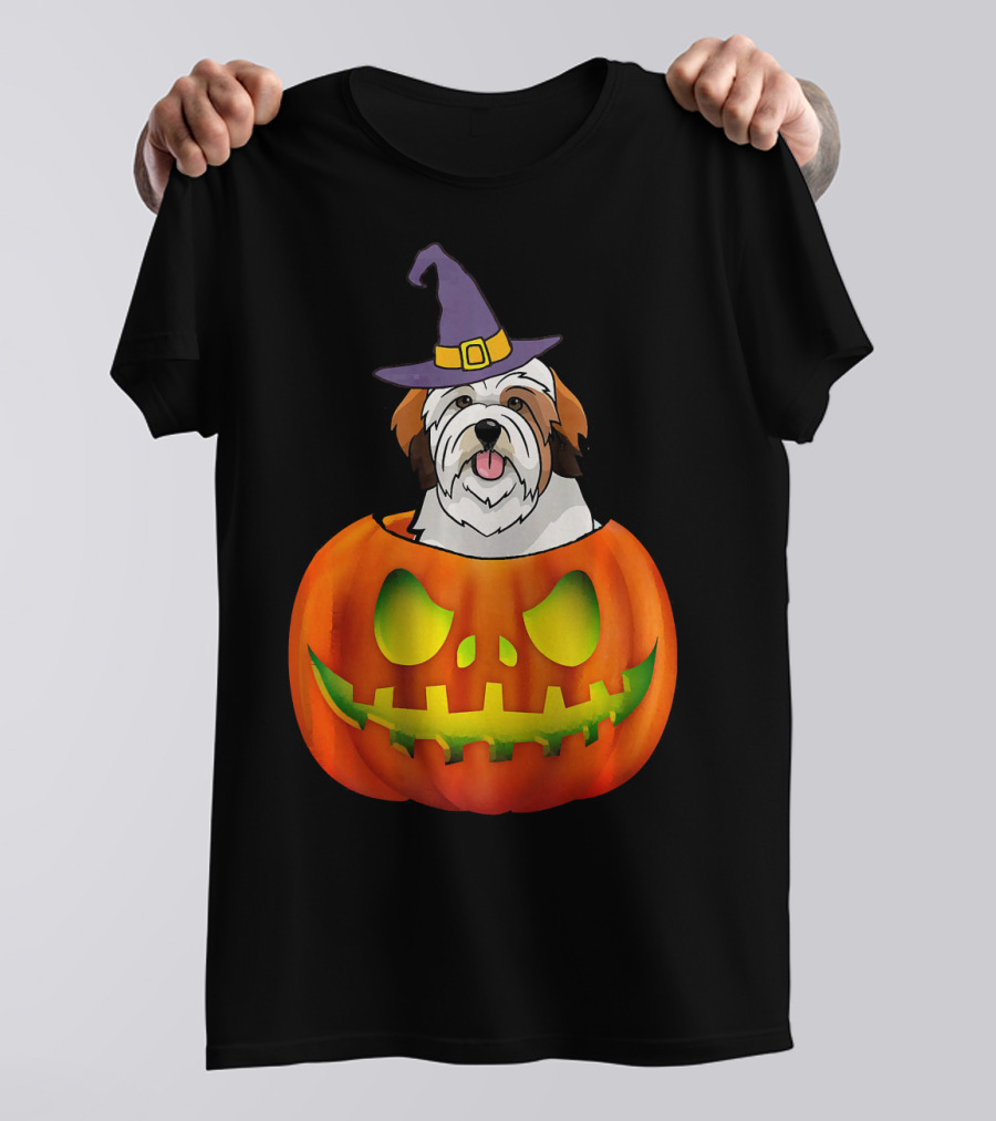 Lhasa Apso Halloween Costume Funny Pumpkin Dog In Witch Hat Scary T-Shirt