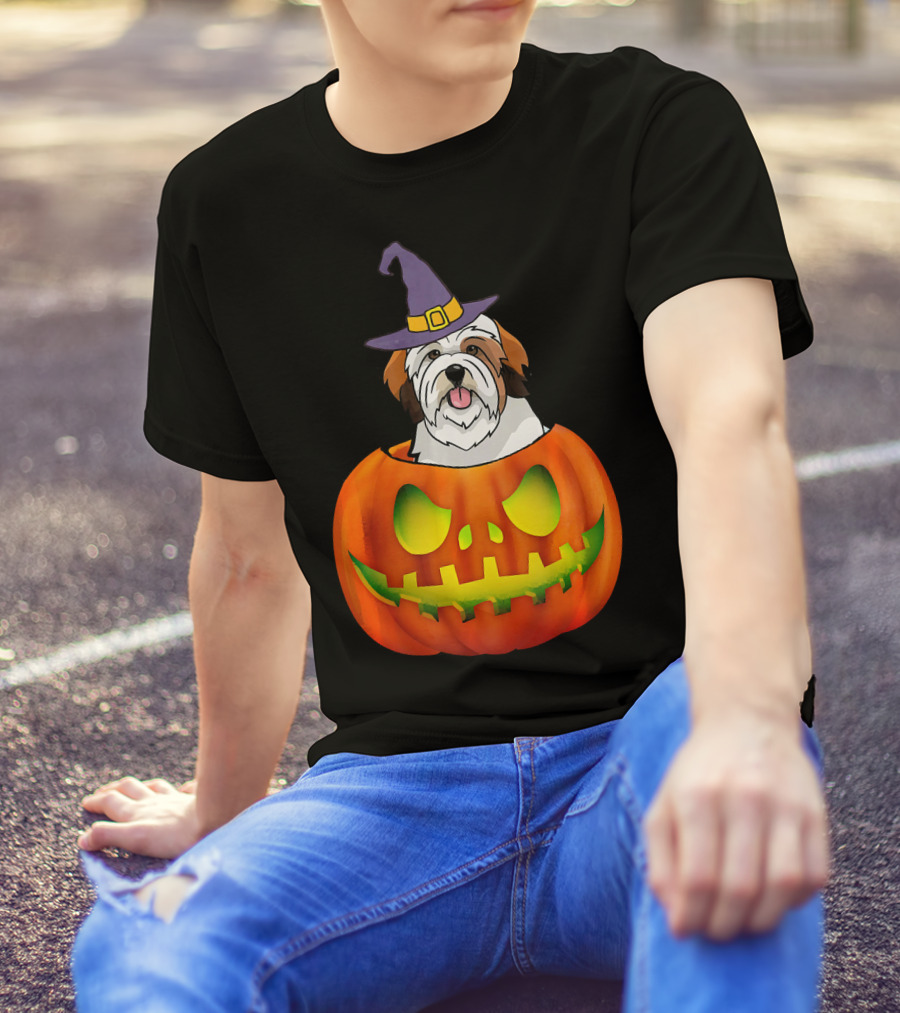 Lhasa Apso Halloween Costume Funny Pumpkin Dog In Witch Hat Scary T-Shirt