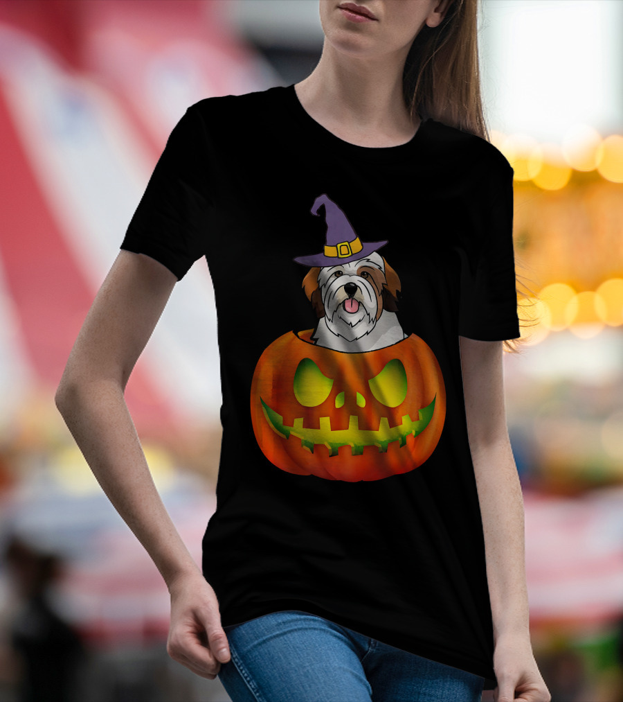 Lhasa Apso Halloween Costume Funny Pumpkin Dog In Witch Hat Scary T-Shirt