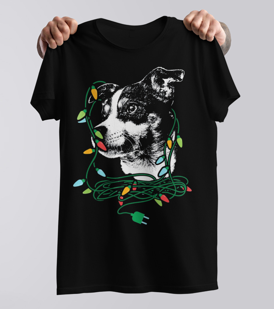 Christmas Lights Rat Terrier Portrait With Festive Holiday Decorations T-Shirt