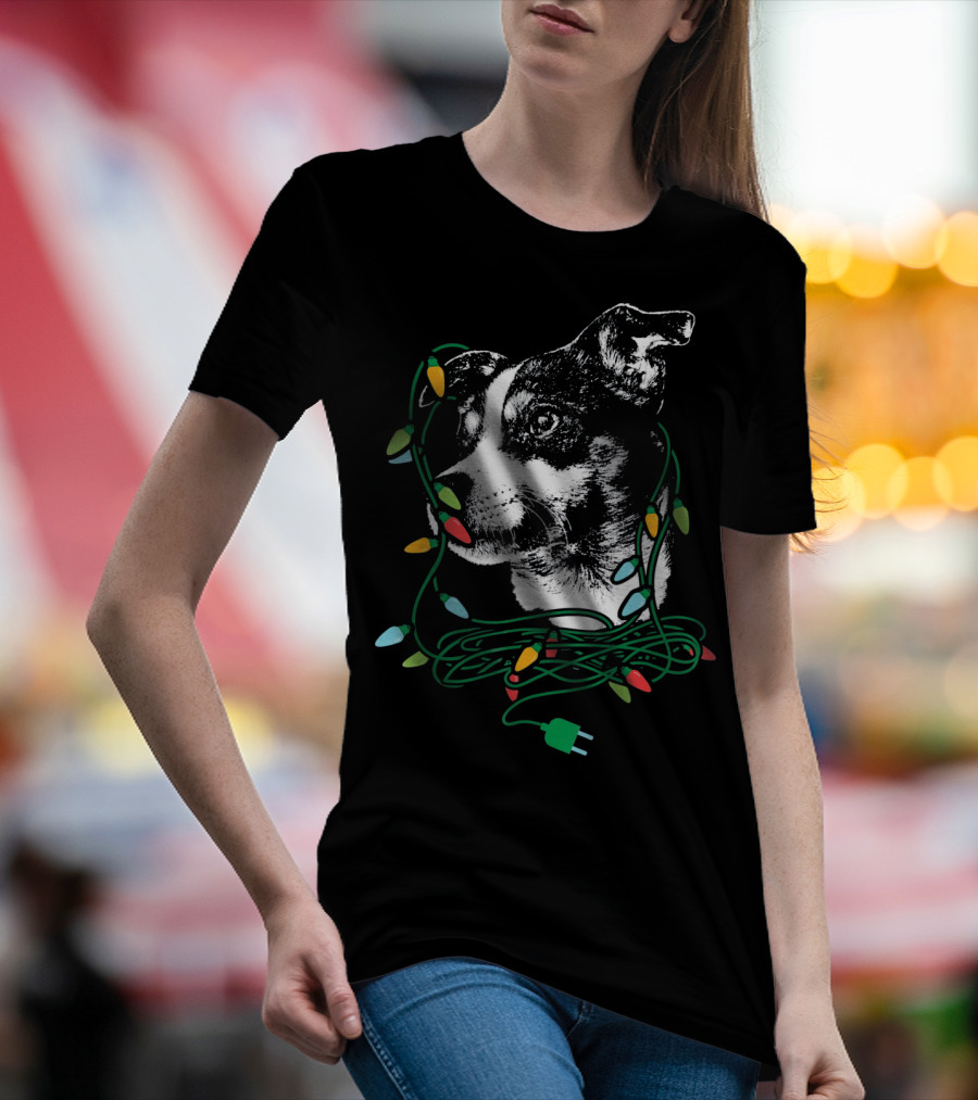 Christmas Lights Rat Terrier Portrait With Festive Holiday Decorations T-Shirt