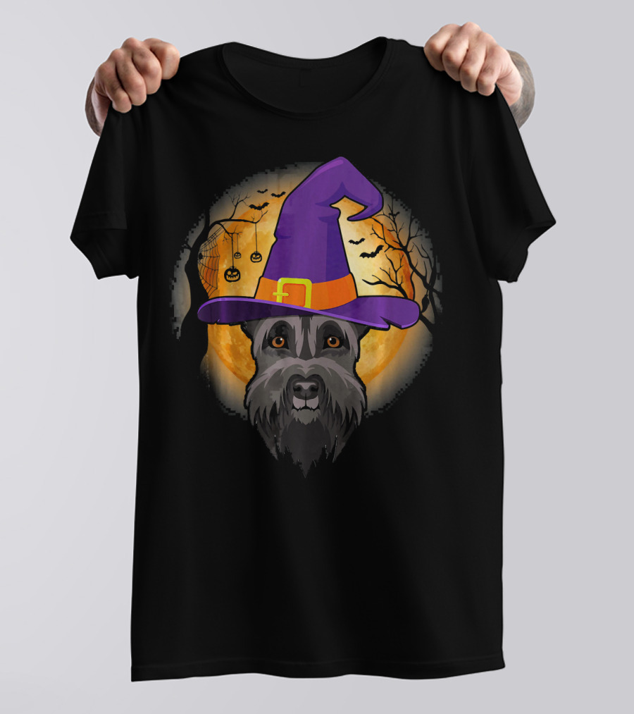 Giant Schnauzer Witch Halloween Moon Bats Jack-o'-Lanterns T-Shirt