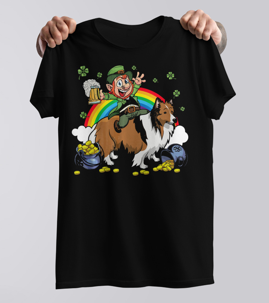 Leprechaun Riding Shetland Sheepdog With Beer Rainbow And Gold Coins T-Shirt