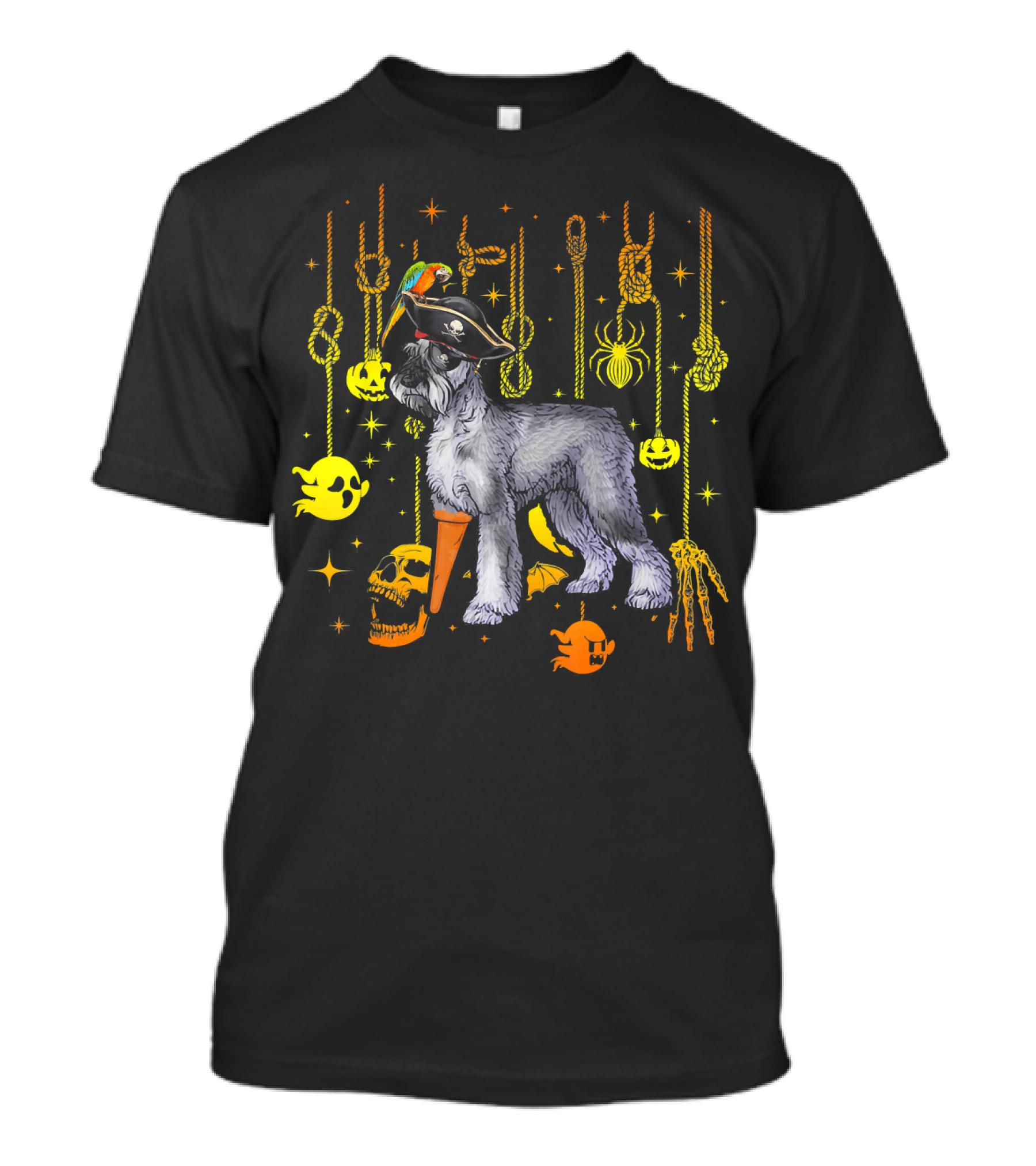 Giant Schnauzer Pirate Halloween Dog With Parrot And Spooky Decorations T-Shirt