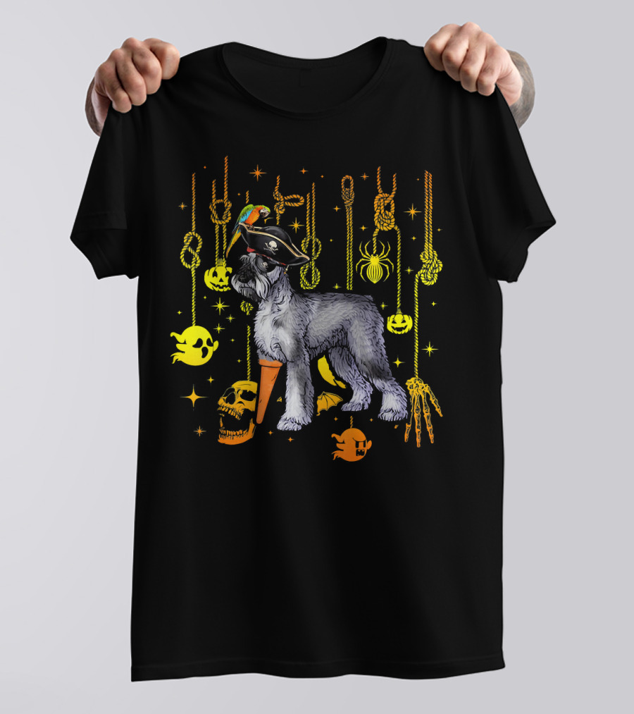 Giant Schnauzer Pirate Halloween Dog With Parrot And Spooky Decorations T-Shirt