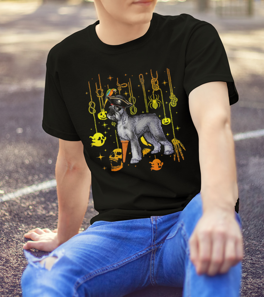 Giant Schnauzer Pirate Halloween Dog With Parrot And Spooky Decorations T-Shirt