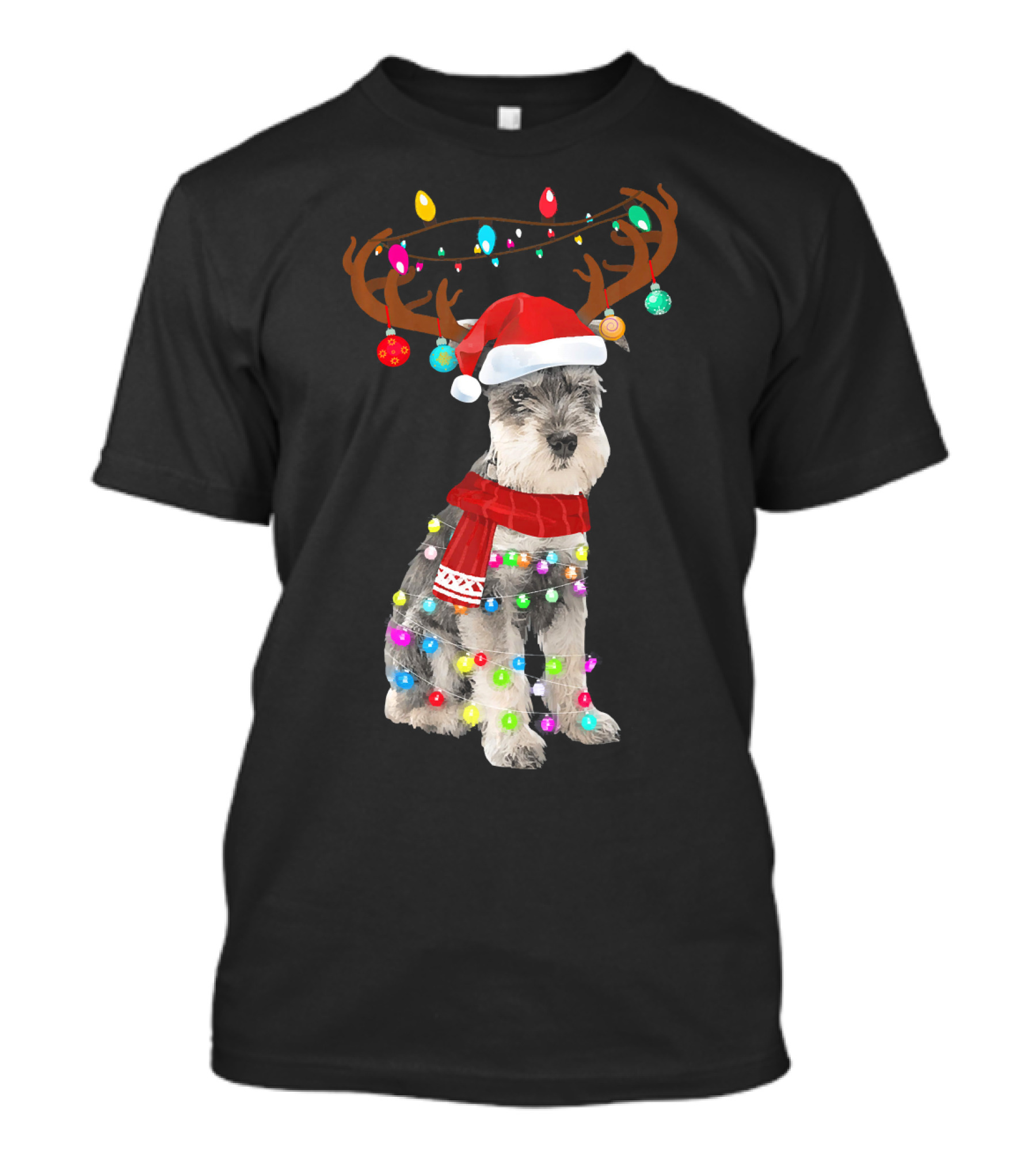 Cute Schnauzer With Christmas Lights And Reindeer Antlers T-Shirt