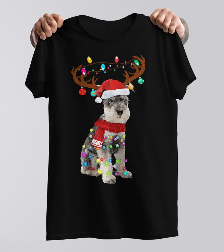 Cute Schnauzer With Christmas Lights And Reindeer Antlers T-Shirt