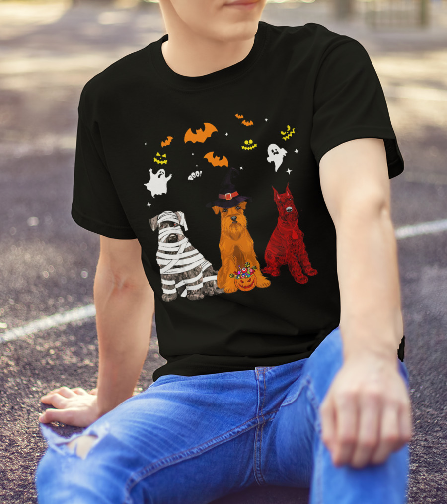 Halloween Schnauzer Dogs Lovers Mummy Witch Ghosts Bats T-Shirt