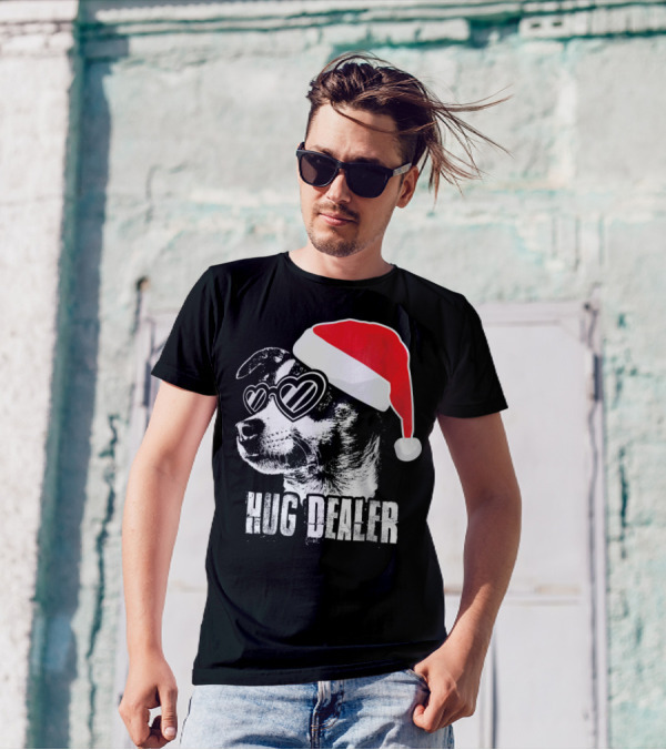 Hug Dealer Rat Terrier Santa Hat Heart Glasses T-Shirt