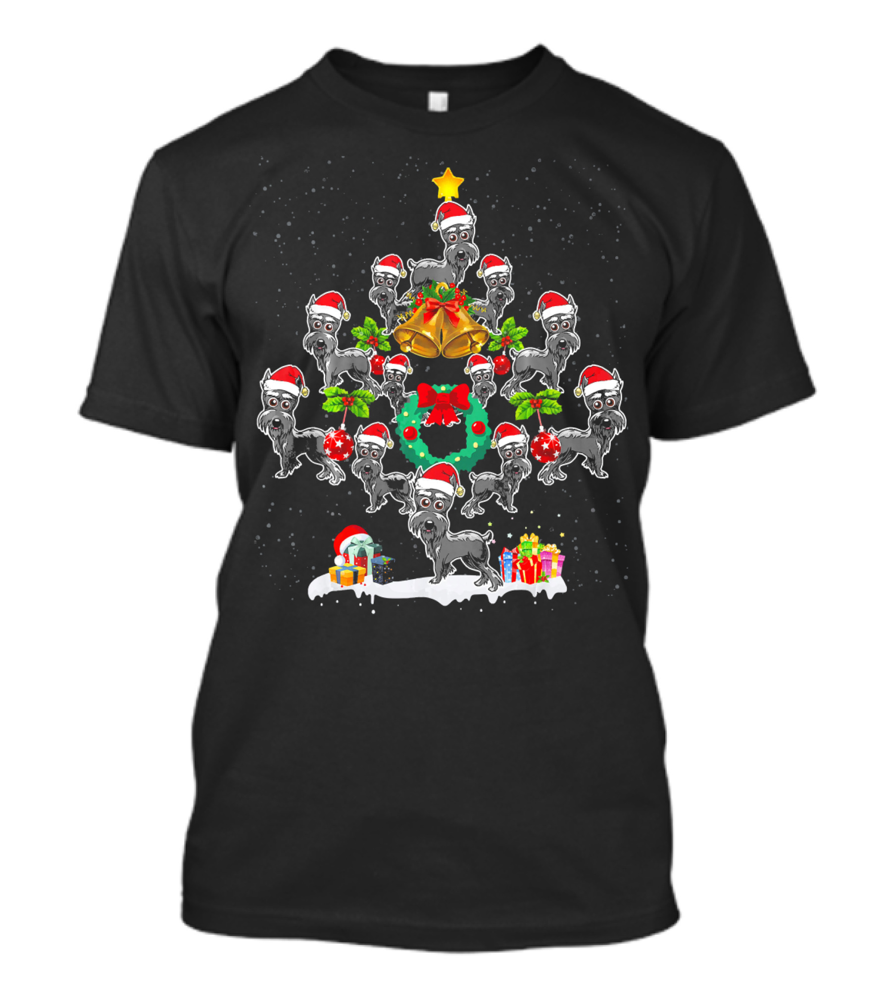 Funny Schnauzer Christmas Tree Holiday Santa Hats Gifts Wreath Bells T-Shirt