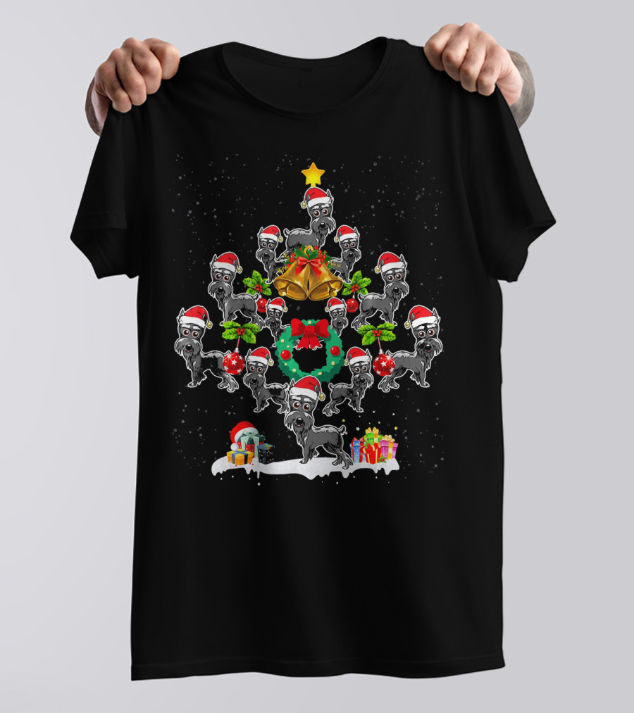 Funny Schnauzer Christmas Tree Holiday Santa Hats Gifts Wreath Bells T-Shirt