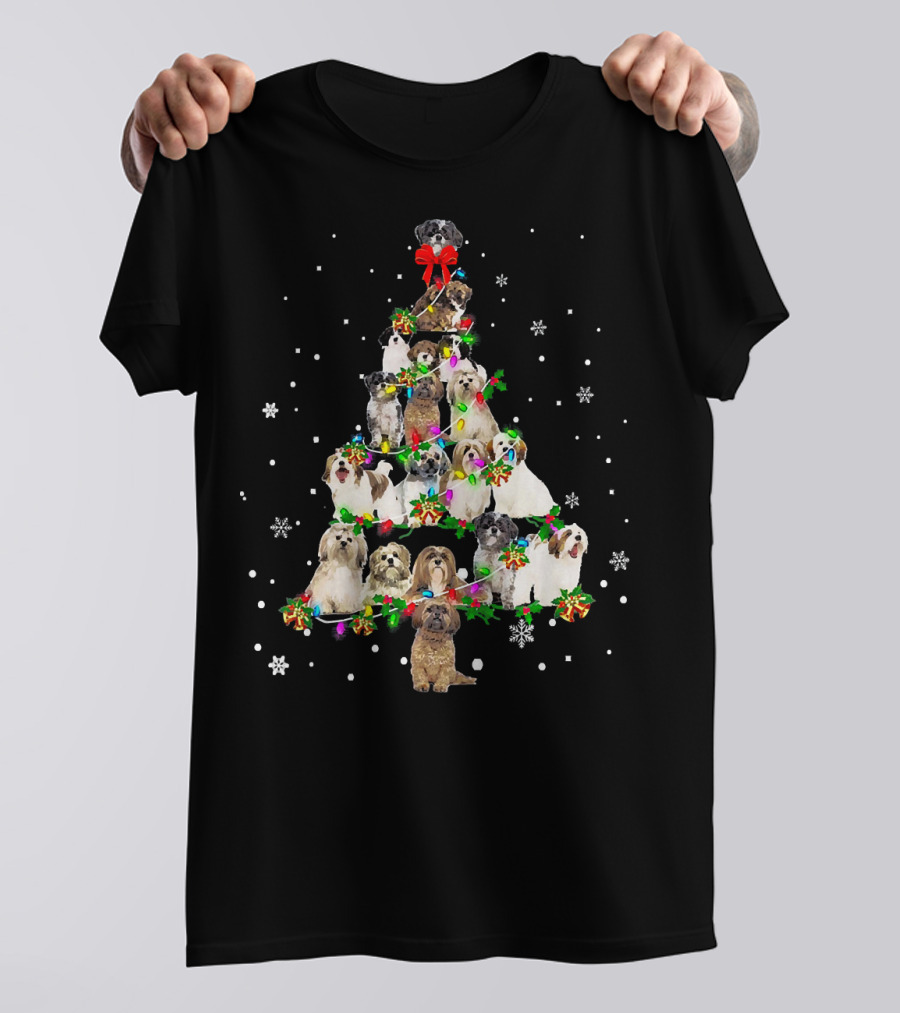Lhasa Apso Christmas Tree With Cute Dogs And Snowflakes T-Shirt