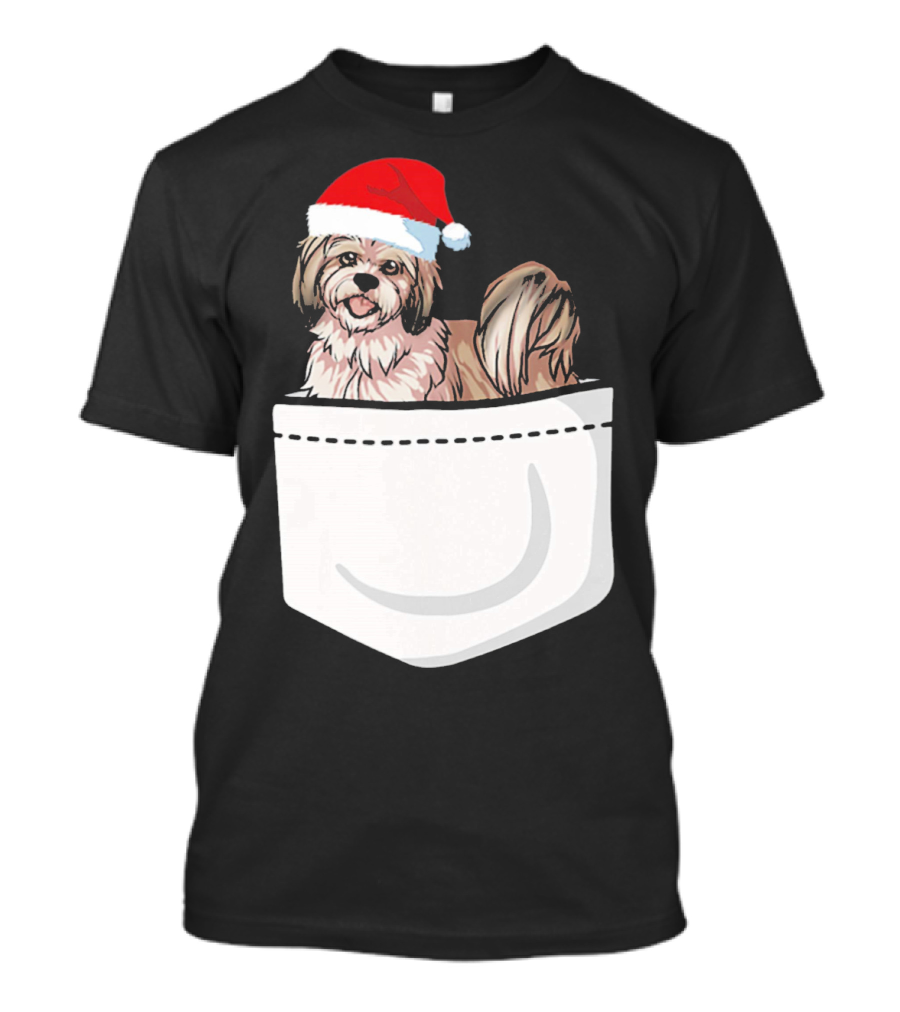 Lhasa Apso Santa Hat Pocket Pup T-Shirt