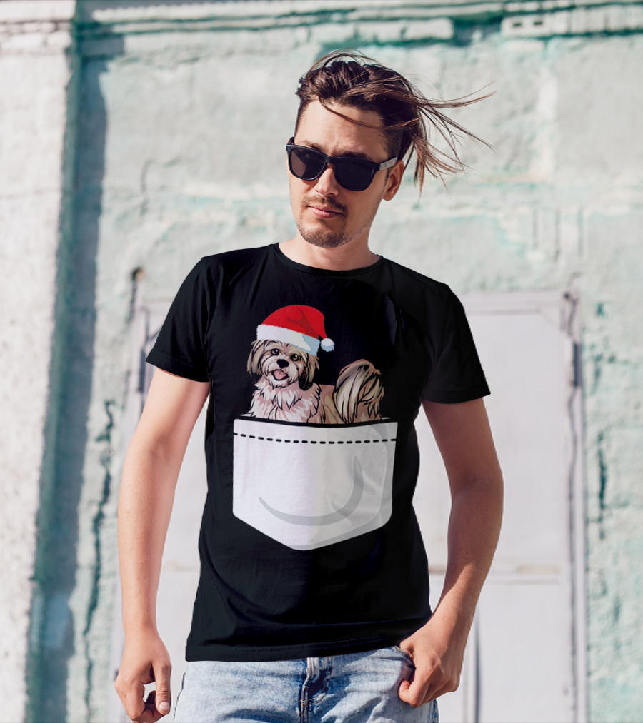 Lhasa Apso Santa Hat Pocket Pup T-Shirt