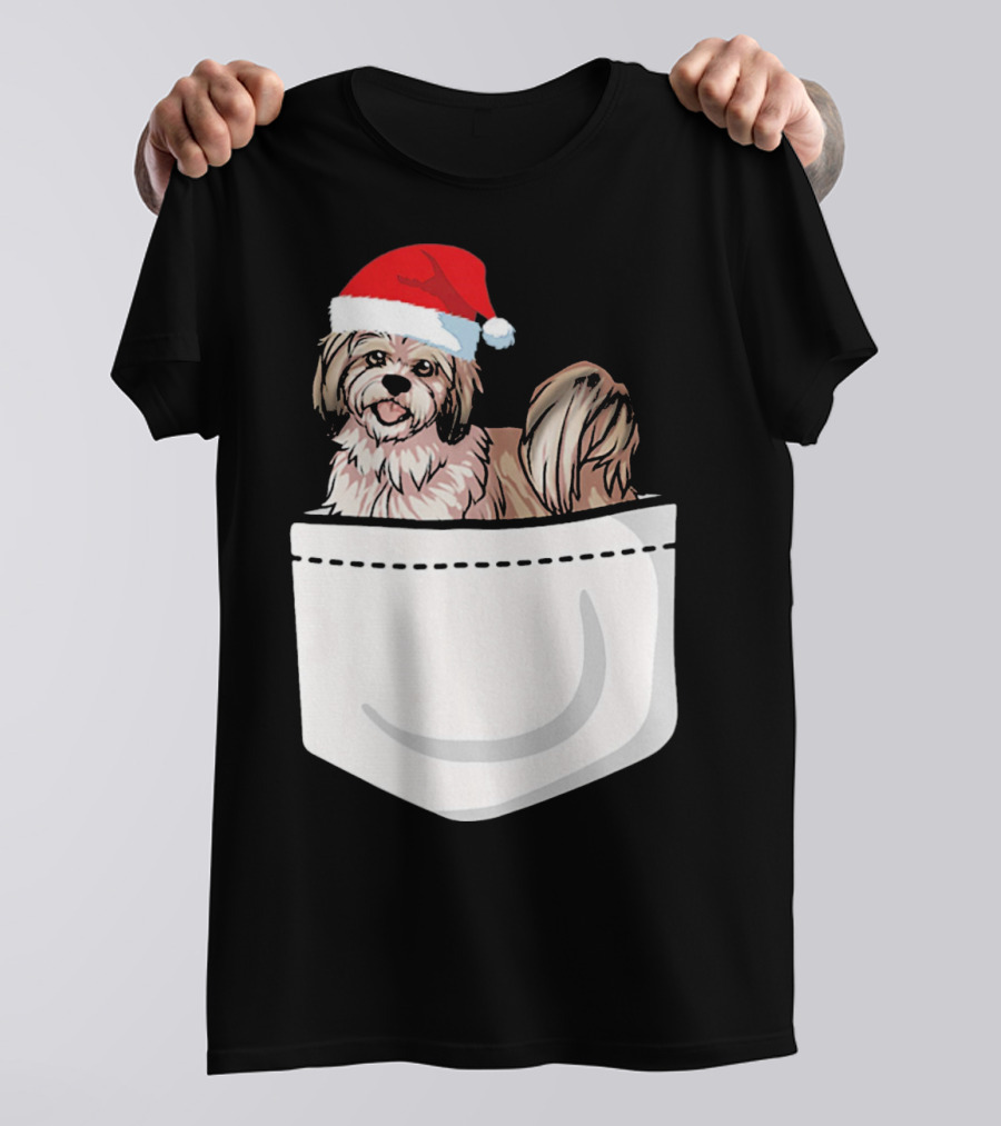 Lhasa Apso Santa Hat Pocket Pup T-Shirt