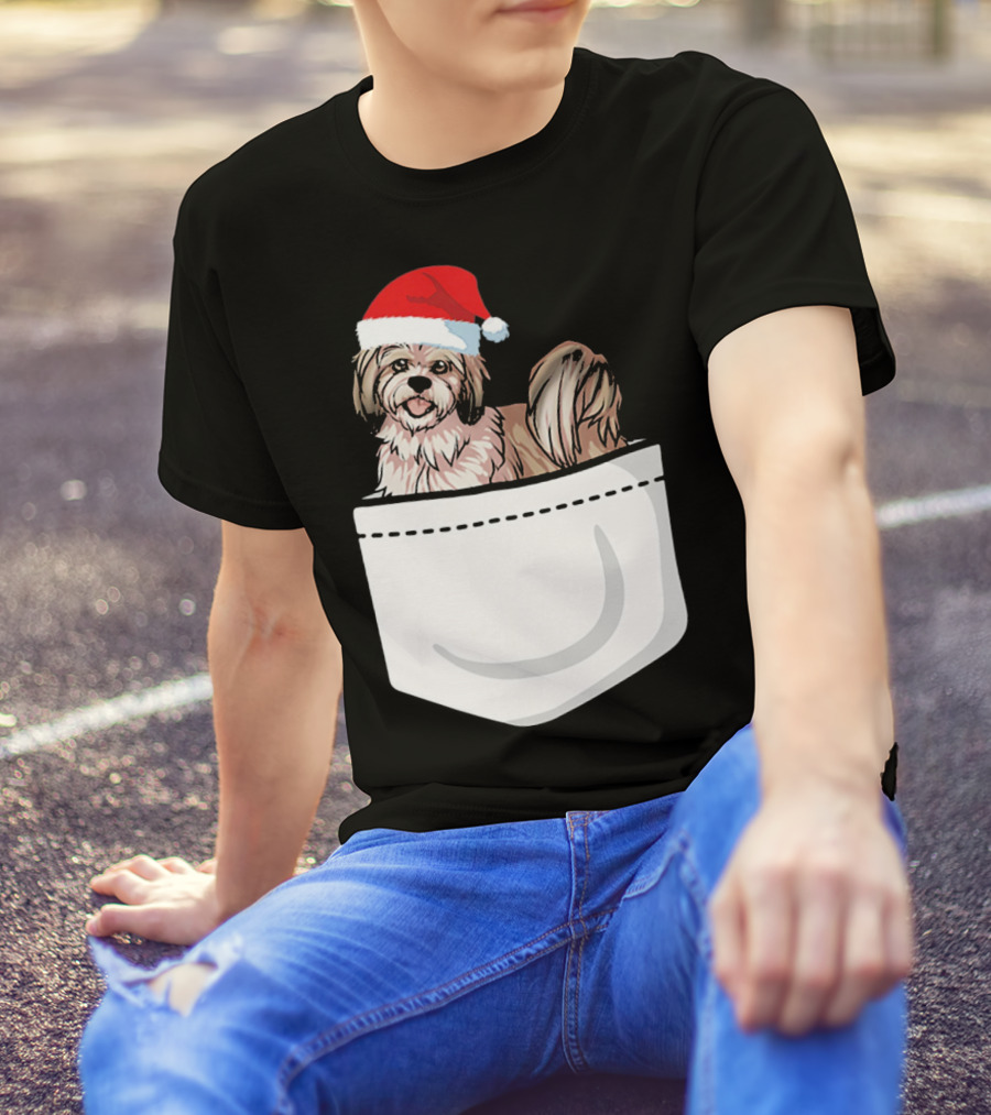 Lhasa Apso Santa Hat Pocket Pup T-Shirt