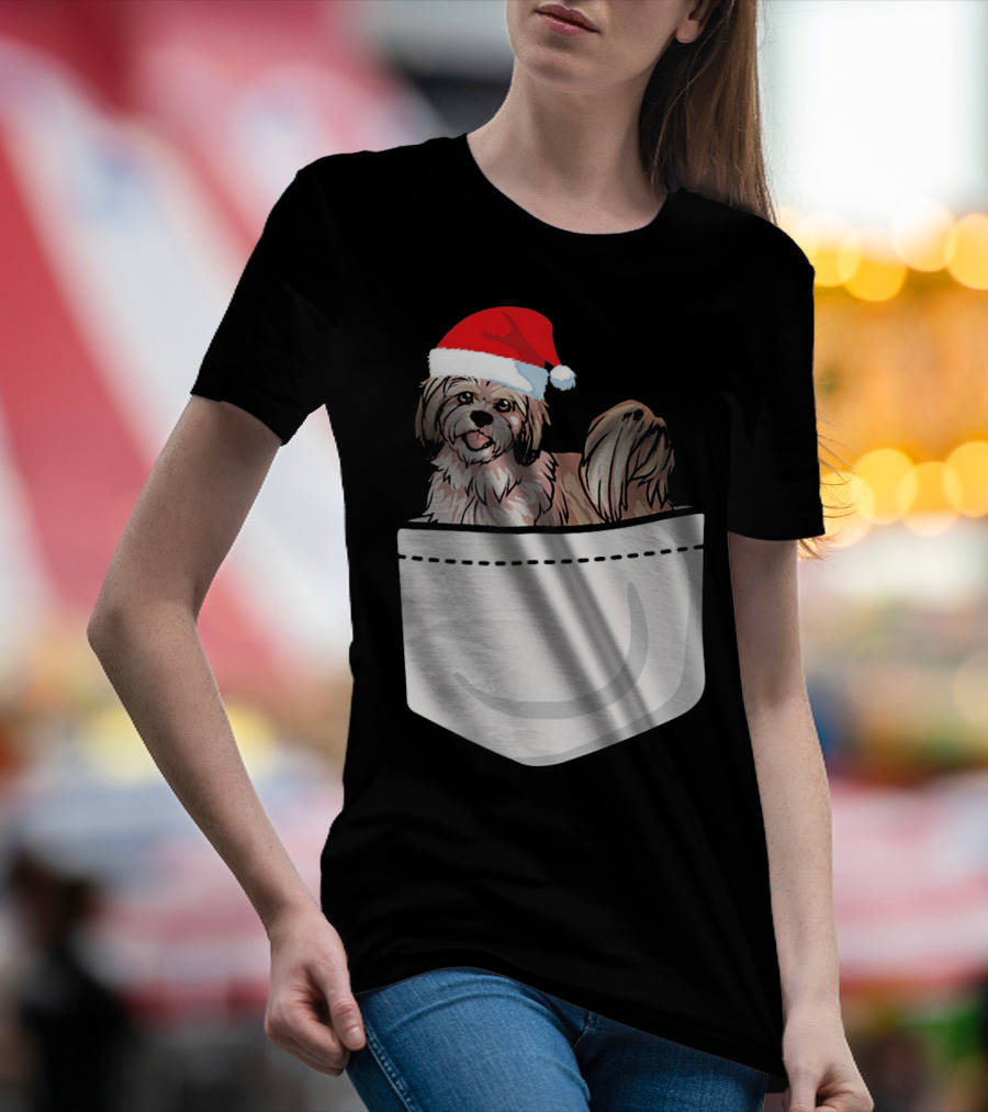 Lhasa Apso Santa Hat Pocket Pup T-Shirt