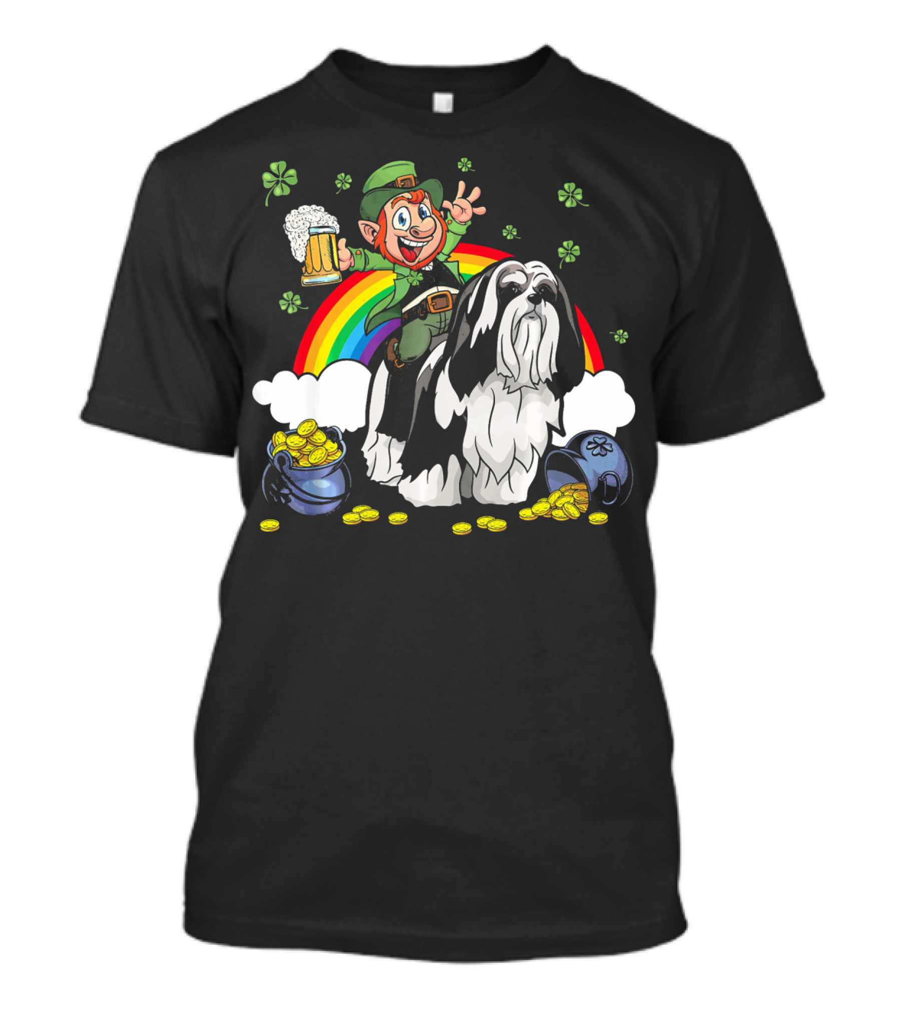 Leprechaun On Lhasa Apso With Shamrocks, Rainbow, And Gold Coins T-Shirt