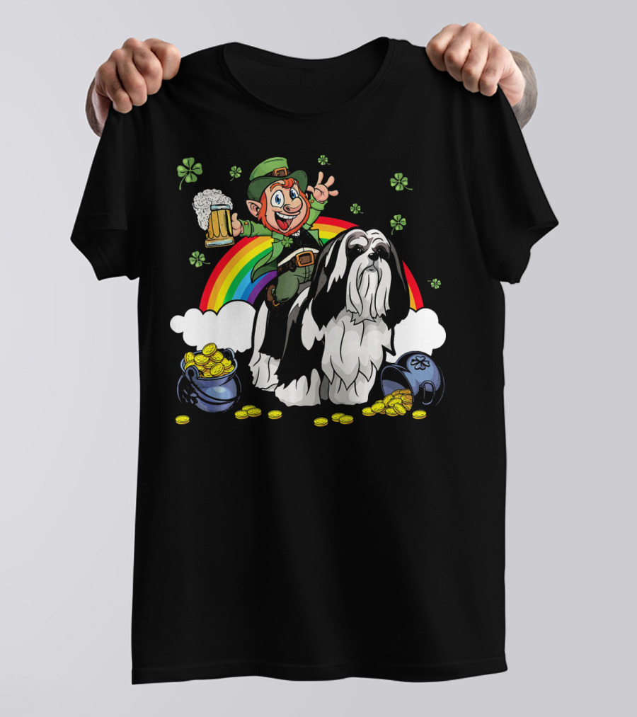 Leprechaun On Lhasa Apso With Shamrocks, Rainbow, And Gold Coins T-Shirt