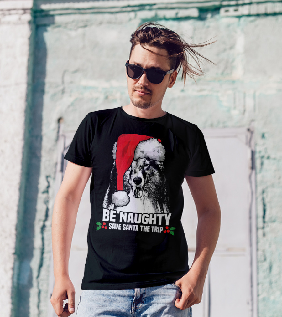 Be Naughty Save Santa The Trip Shetland Sheepdog Santa Hat T-Shirt