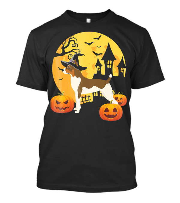 Crazy Moon Witch Hat Pumpkin Rat Terrier Halloween Scene T-Shirt