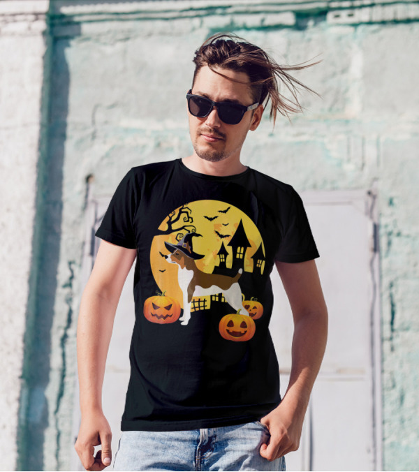 Crazy Moon Witch Hat Pumpkin Rat Terrier Halloween Scene T-Shirt