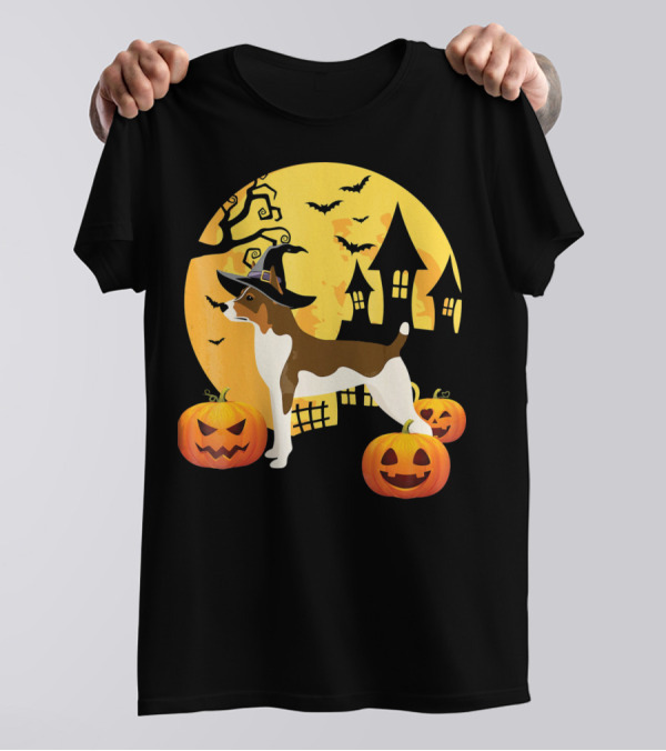 Crazy Moon Witch Hat Pumpkin Rat Terrier Halloween Scene T-Shirt