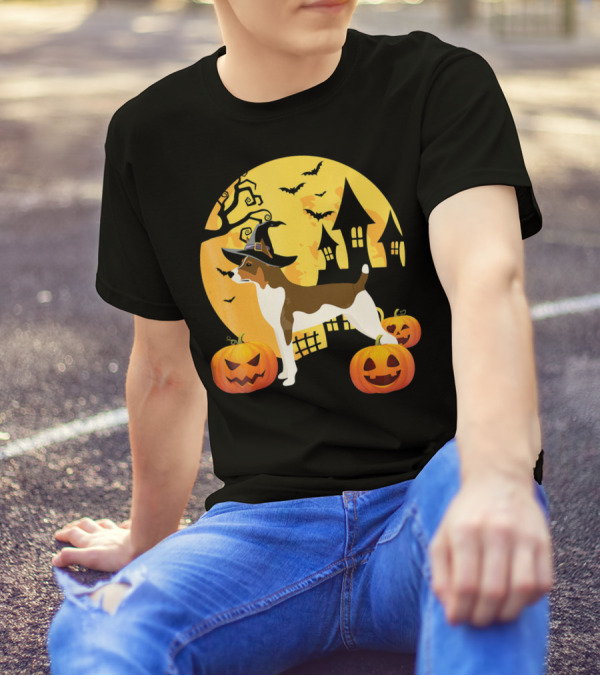 Crazy Moon Witch Hat Pumpkin Rat Terrier Halloween Scene T-Shirt