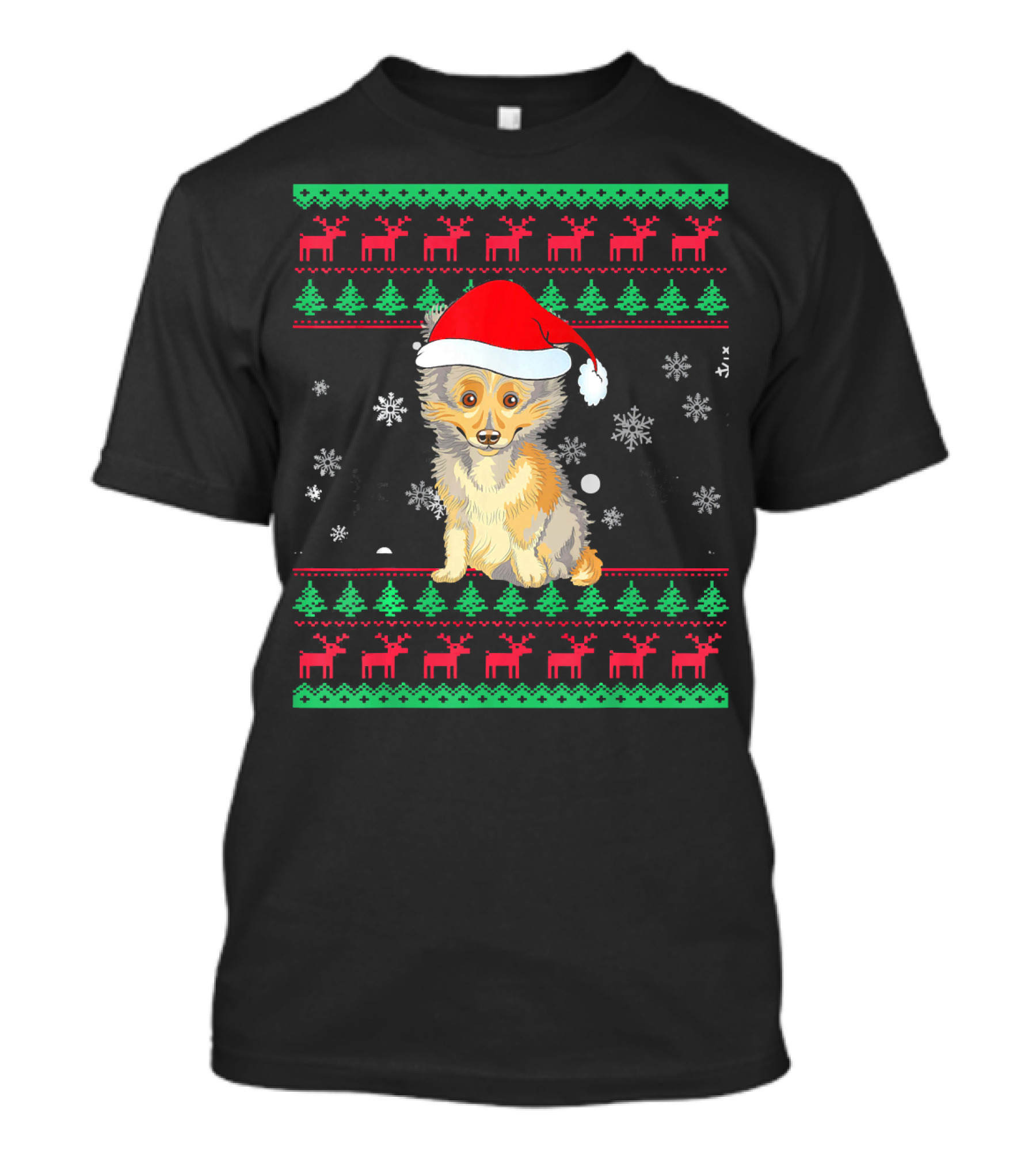 Funny Sheltie Christmas Ugly Sweater Santa Hat Snowflakes T-Shirt