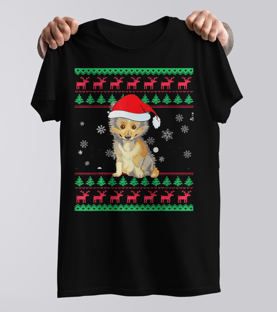 Funny Sheltie Christmas Ugly Sweater Santa Hat Snowflakes T-Shirt