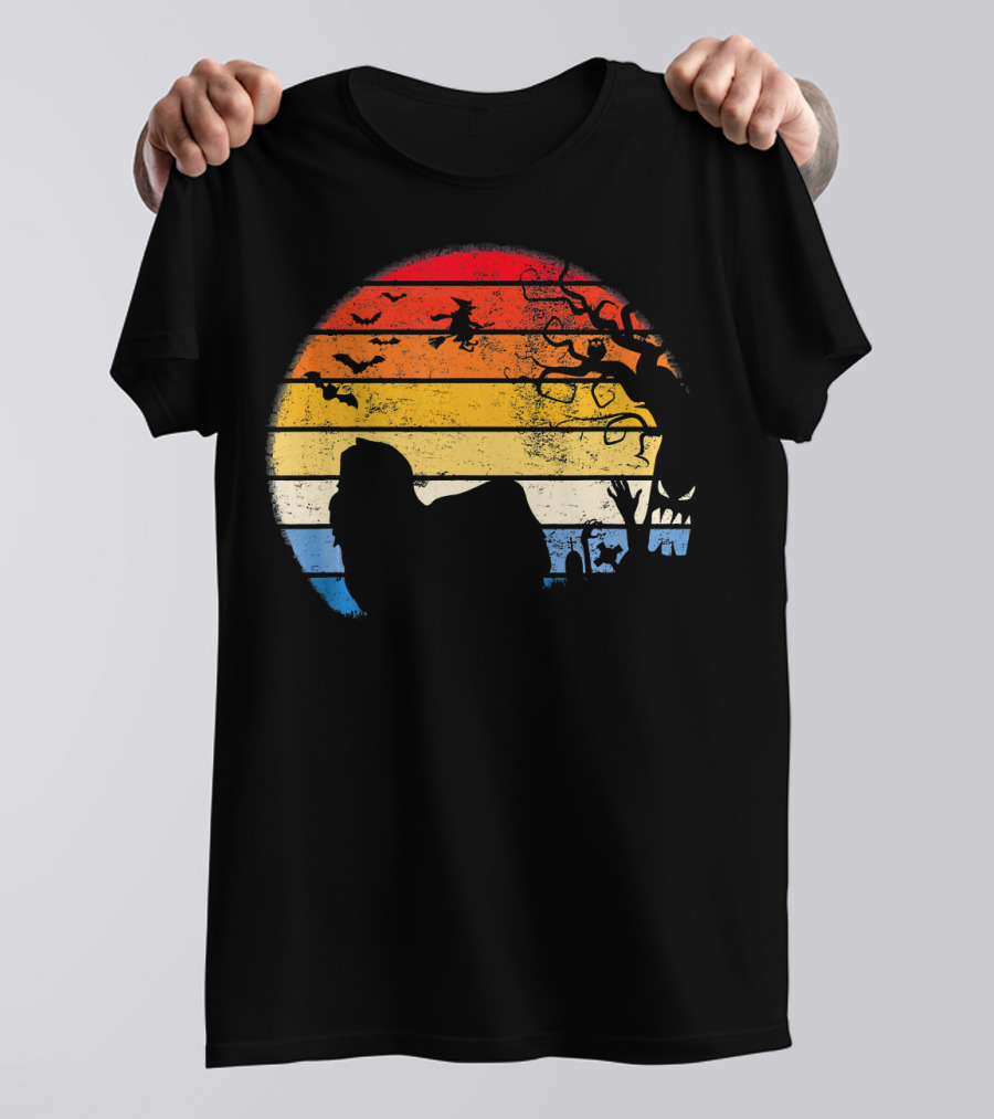 Lhasa Apso Witch And Bats Silhouette With Sunset Halloween Scene T-Shirt