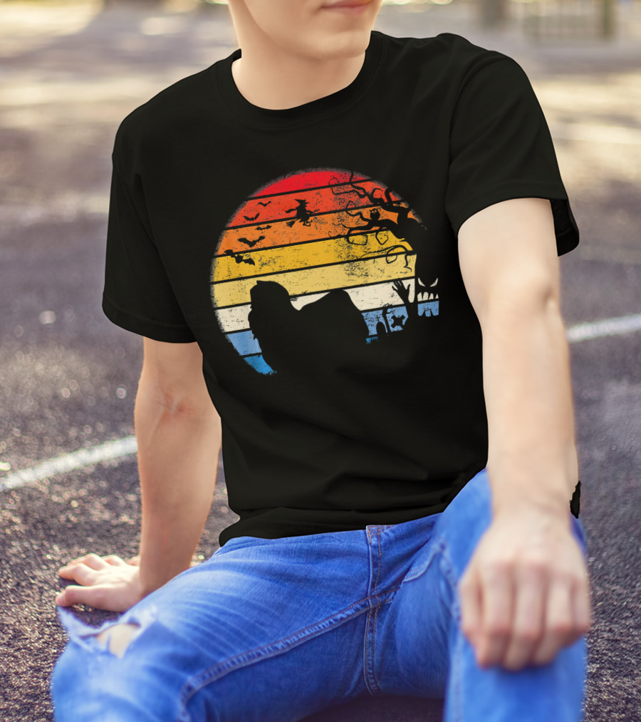 Lhasa Apso Witch And Bats Silhouette With Sunset Halloween Scene T-Shirt