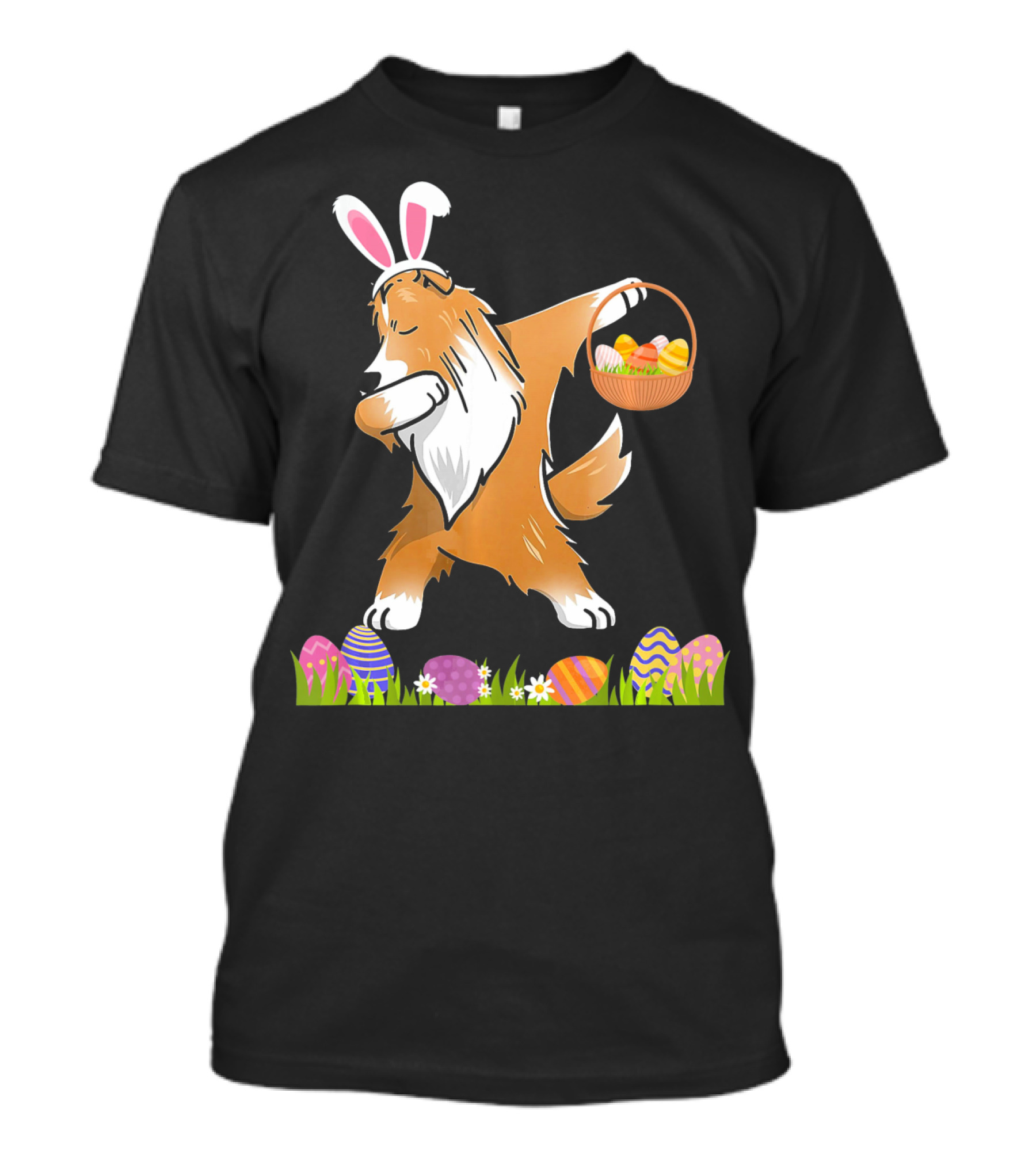 Funny Shetland Sheepdog Dabbing With Easter Bunny Ears And Egg Basket T-Shirt