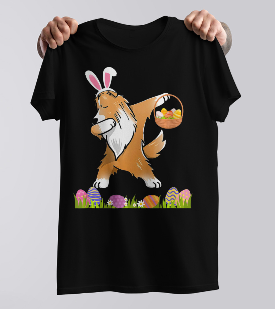 Funny Shetland Sheepdog Dabbing With Easter Bunny Ears And Egg Basket T-Shirt