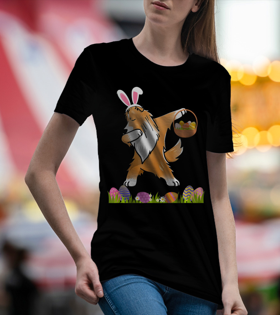 Funny Shetland Sheepdog Dabbing With Easter Bunny Ears And Egg Basket T-Shirt