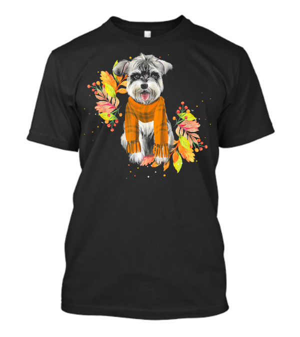 Cute Schnauzer Dog In Autumn Scarf With Fall Leaves T-Shirt