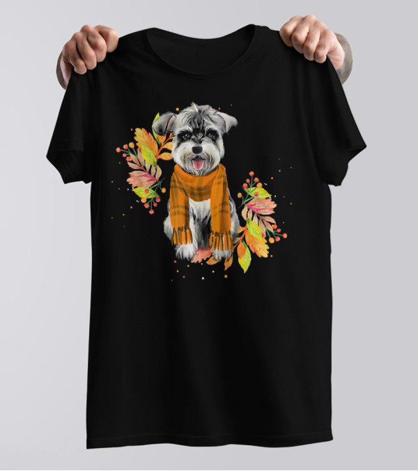 Cute Schnauzer Dog In Autumn Scarf With Fall Leaves T-Shirt