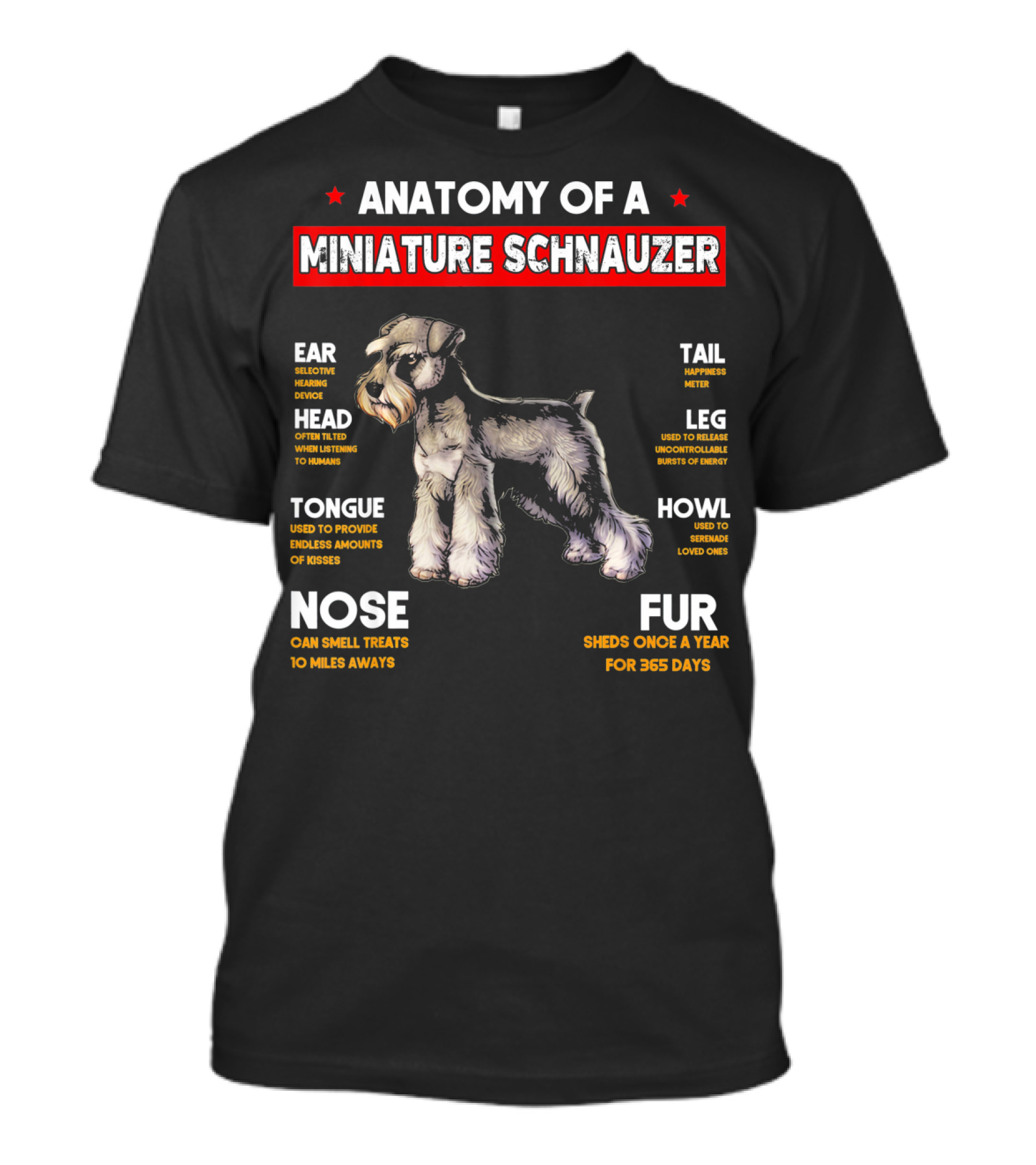 Anatomy Of A Miniature Schnauzer: Nose Smells Treats, Ears Hear, Head Listens, Tongue Kisses, Fur Sheds 365 Days, Legs Bounce, Tail Wags, Howl Serenades T-Shirt